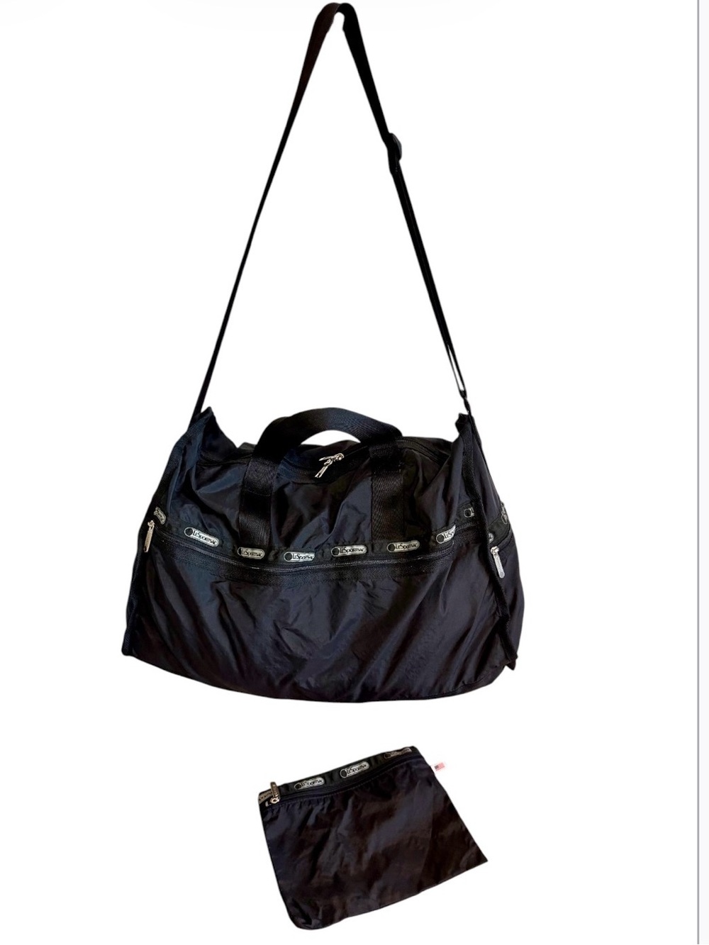 LeSportSac Black Nylon Weekender Duffle Bag + Matching Pouch Set